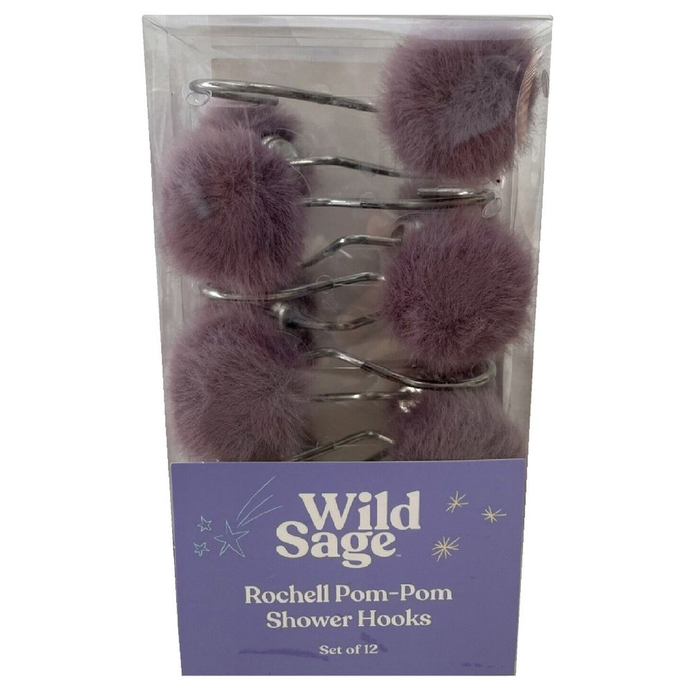 12-pc Wild Sage Rochell Faux Fur Pom Pom Shower Curtain Hooks MAUVE ORCHID color